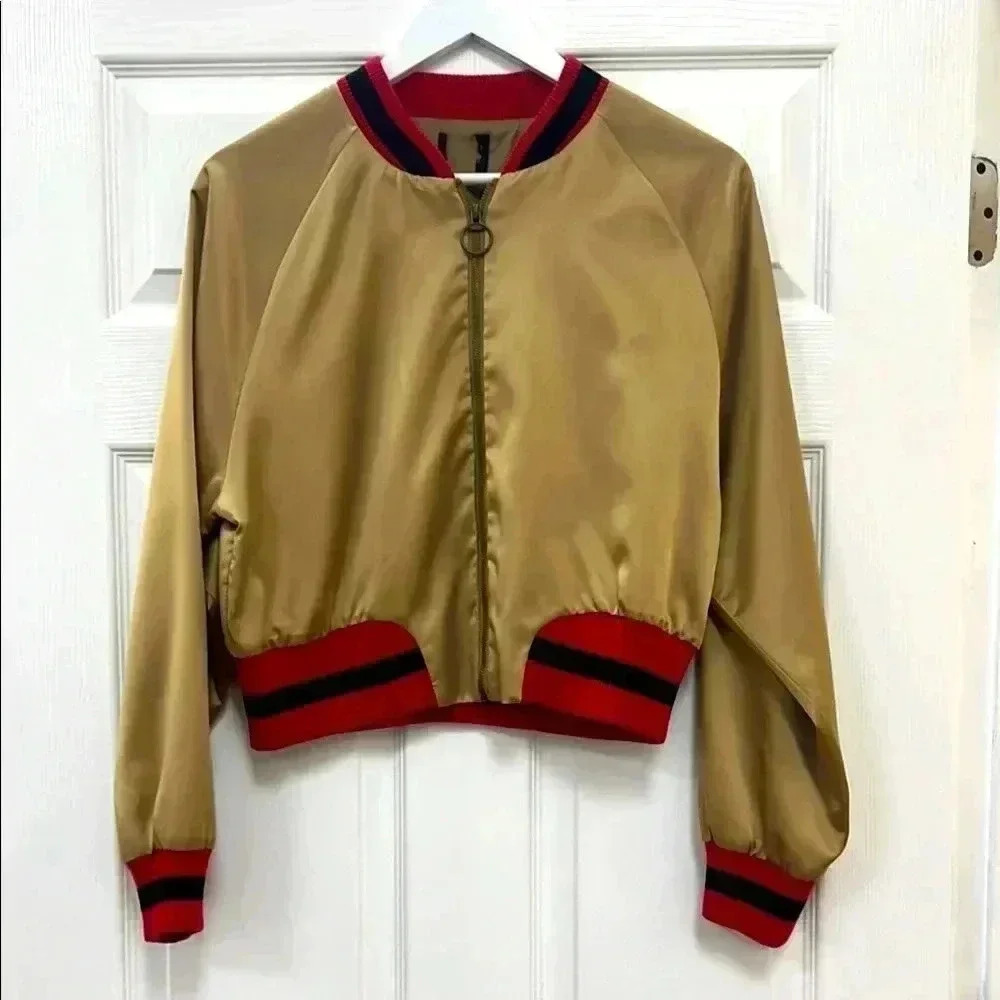 Forever 21 Tan  Bomber Jacket with Red and Black Accents